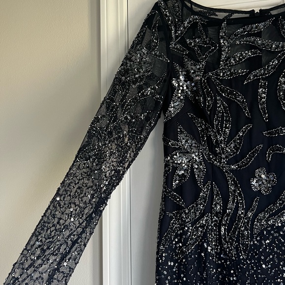 Adrianna Papell Long Sleeve Sequined Beaded Mesh Dress-Midnight Short - Picture 7 of 10